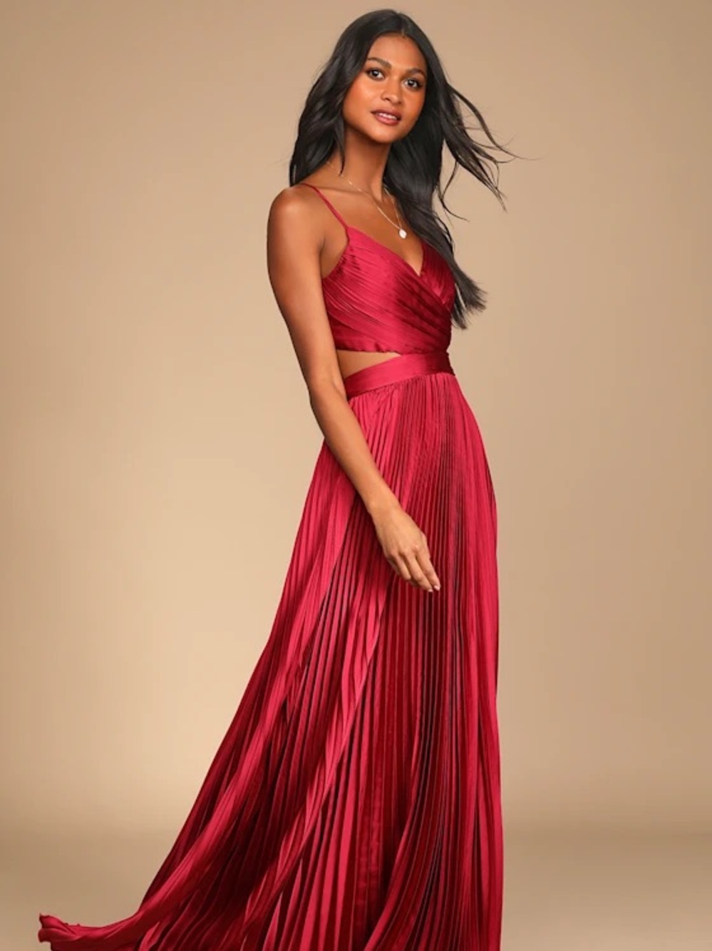 Red Pleated Evening Gown with Cutout Waist